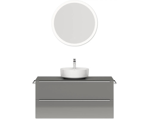 Badmöbel-Set NOBILIA Programm 3 BxHxT 121 x 169,1 x 48,7 cm Frontfarbe grau hochglanz mit Aufsatz-Waschtisch weiß und Spiegel rund mit LED-Beleuchtung Griffleiste chrom matt 516