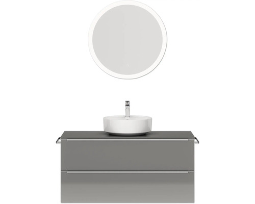 Badmöbel-Set NOBILIA Programm 3 BxHxT 121 x 169,1 x 48,7 cm Frontfarbe grau hochglanz mit Aufsatz-Waschtisch weiß und Spiegel rund mit LED-Beleuchtung Griffleiste chrom matt 516 Badezimmer mit Waschtischunterschrank, Aufsatzwaschbecken und rundem Spiegel