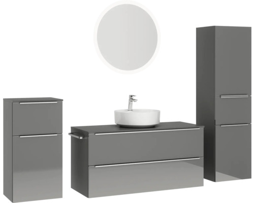 Badezimmer-Set mit Waschtischunterschrank, Aufsatzwaschbecken, Spiegelschrank und Hochschrank