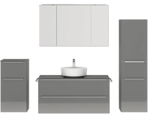 Badmöbel-Set NOBILIA Programm 3 BxHxT 230 x 169,1 x 48,7 cm Frontfarbe grau hochglanz mit Aufsatz-Waschtisch und Spiegelschrank 3-türig mit LED-Beleuchtung Unterschrank Midischrank Griffleiste chrom matt 532 Badezimmer-Set mit Waschtisch, Waschbecken, Spiegelschrank und Hochschrank