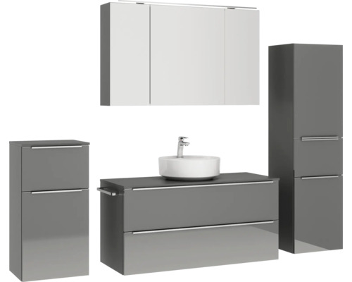 Badezimmermöbelset mit Waschtisch, Waschbecken, Spiegelschrank und Hochschrank