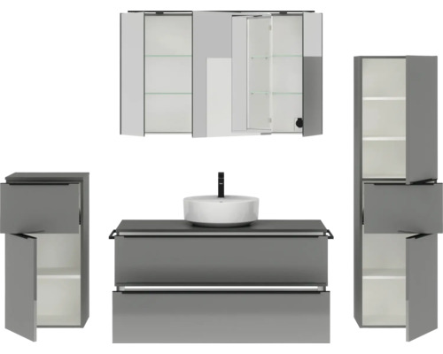 Badezimmermöbel-Set mit Waschtisch, Waschbecken, Spiegelschrank und Hochschrank