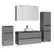 Badezimmer Möbel Set mit Waschtisch, Waschbecken, Spiegelschrank und Hochschränken mit Maßangaben