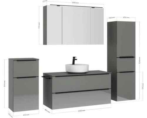Badezimmer Möbel Set mit Waschtisch, Waschbecken, Spiegelschrank und Hochschränken mit Maßangaben