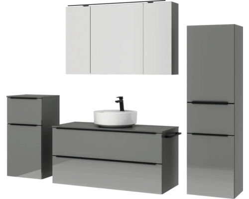 Badezimmer Set mit Waschtisch, Aufsatzwaschbecken, Spiegelschrank und Hochschrank