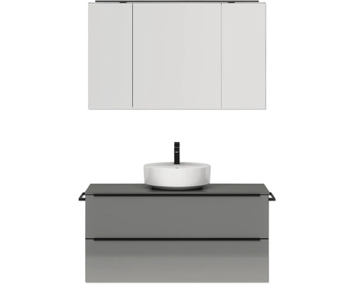 Badmöbel-Set NOBILIA Programm 3 BxHxT 121 x 169,1 x 48,7 cm Frontfarbe grau hochglanz mit Aufsatz-Waschtisch und Spiegelschrank 3-türig mit LED-Beleuchtung Griffleiste schwarz 509 Waschtischkombination mit Aufsatzwaschbecken und Spiegelschrank für das Badezimmer