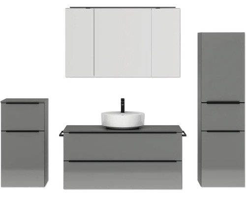 Badmöbel-Set NOBILIA Programm 3 BxHxT 230 x 169,1 x 48,7 cm Frontfarbe grau hochglanz mit Aufsatz-Waschtisch und Spiegelschrank 3-türig mit LED-Beleuchtung Unterschrank Midischrank Griffleiste schwarz 533 Badezimmer Möbelset mit Waschtisch, Aufsatzwaschbecken, Spiegelschrank und Hochschränken