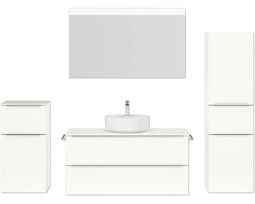 Badmöbel-Set NOBILIA Programm 3 BxHxT 230 x 169,1 x 48,7 cm Frontfarbe weiß hochglanz mit Aufsatz-Waschtisch weiß und Spiegel mit LED-Beleuchtung Midischrank Unterschrank Griffleiste chrom matt 522 Badezimmer-Set mit Waschtischunterschrank, Aufsatzwaschbecken, Spiegelschrank und Hochschrank