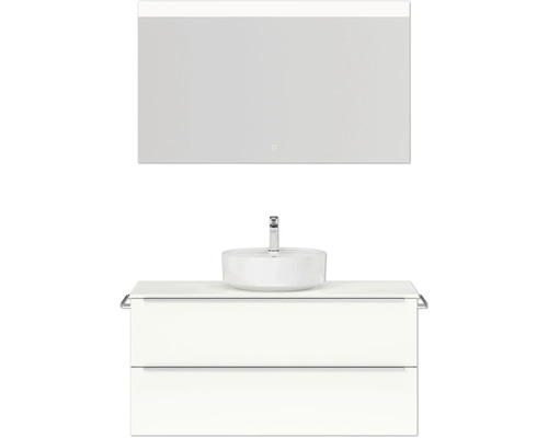 Badmöbel-Set NOBILIA Programm 3 BxHxT 121 x 169,1 x 48,7 cm Frontfarbe weiß hochglanz mit Aufsatz-Waschtisch weiß und Spiegel mit LED-Beleuchtung Griffleiste chrom matt 498