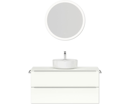 Badmöbel-Set NOBILIA Programm 3 BxHxT 121 x 169,1 x 48,7 cm Frontfarbe weiß hochglanz mit Aufsatz-Waschtisch weiß und Spiegel rund mit LED-Beleuchtung Griffleiste chrom matt 514