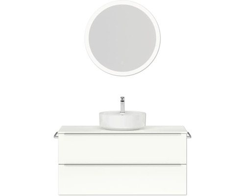 Badmöbel-Set NOBILIA Programm 3 BxHxT 121 x 169,1 x 48,7 cm Frontfarbe weiß hochglanz mit Aufsatz-Waschtisch weiß und Spiegel rund mit LED-Beleuchtung Griffleiste chrom matt 514 Waschtischkombination mit rundem Spiegel und Aufsatzwaschbecken