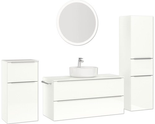 Badezimmer-Set mit Waschtisch, Aufsatzwaschbecken, Spiegelschrank und Hochschrank
