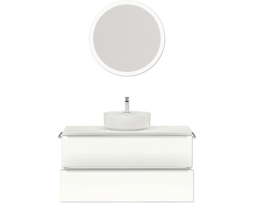 Waschbeckenunterschrank mit Aufsatzwaschbecken, Armatur und rundem Spiegel mit Beleuchtung