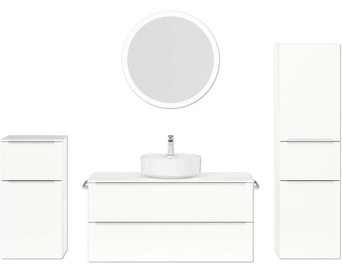 Badmöbel-Set NOBILIA Programm 3 BxHxT 230 x 169,1 x 48,7 cm Frontfarbe weiß hochglanz mit Aufsatz-Waschtisch weiß und Spiegel rund mit LED-Beleuchtung Midischrank Unterschrank Griffleiste chrom matt 538 Badezimmerensemble mit Waschtisch, Aufsatzwaschbecken, Spiegel und Hochschrank