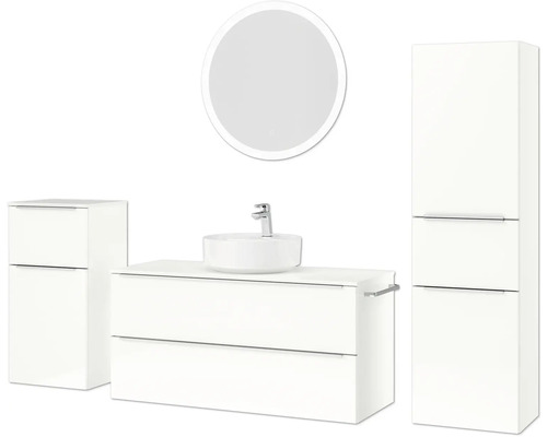 Badezimmerensemble mit Waschtisch, Waschbecken, Spiegelschrank und Hochschrank