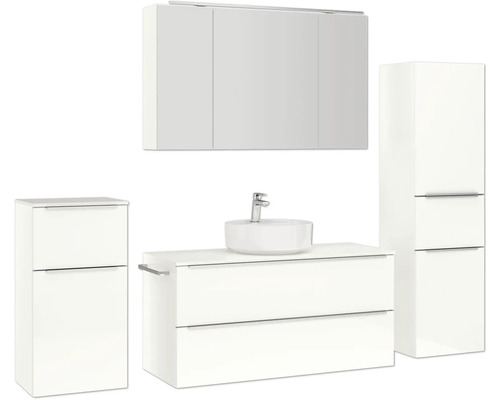 Modernes Badezimmer-Set mit Waschbecken, Unterschrank, Spiegelschrank und Hochschrank