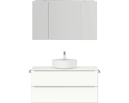 Badmöbel-Set NOBILIA Programm 3 BxHxT 121 x 169,1 x 48,7 cm Frontfarbe weiß hochglanz mit Aufsatz-Waschtisch und Spiegelschrank 3-türig mit LED-Beleuchtung Griffleiste chrom matt 506 Waschtischkombination mit Aufsatzwaschbecken und Spiegelschrank für das Badezimmer