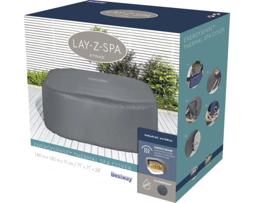 Verpackung einer Lay-Z-Spa Xtras EnergySense Thermo-Abdeckung in der Größe 1,80 Meter mal 1,80 Meter mal 71 Zentimeter von Bestway