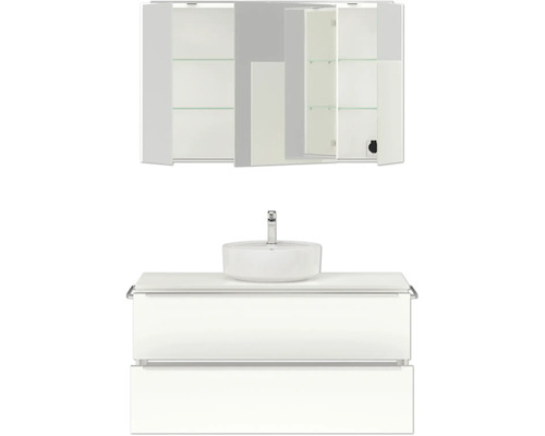 Badezimmerensemble mit Waschtischunterschrank, Aufsatzwaschbecken und Spiegelschrank