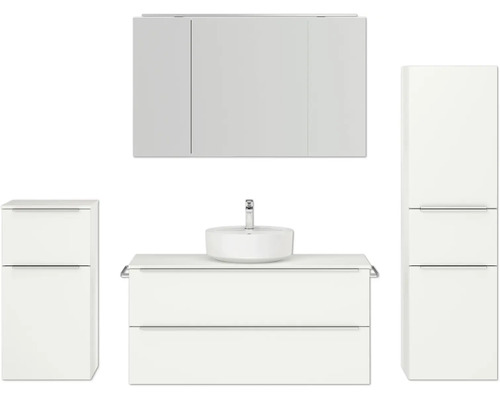 Badmöbel-Set NOBILIA Programm 3 BxHxT 230 x 169,1 x 48,7 cm Frontfarbe weiß matt mit Aufsatz-Waschtisch und Spiegelschrank 3-türig mit LED-Beleuchtung Unterschrank Midischrank Griffleiste chrom matt 528 Badezimmer-Set mit Waschtisch, Waschbecken, Spiegelschrank und Hochschrank