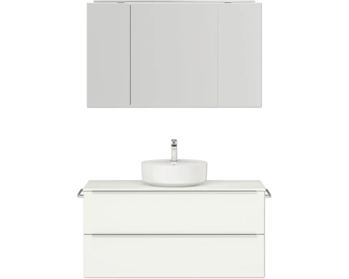 Badmöbel-Set NOBILIA Programm 3 BxHxT 121 x 169,1 x 48,7 cm Frontfarbe weiß matt mit Aufsatz-Waschtisch und Spiegelschrank 3-türig mit LED-Beleuchtung Griffleiste chrom matt 504 Badezimmer-Set mit Waschtisch, Aufsatzwaschbecken, Unterschrank und Spiegelschrank