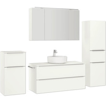 Badezimmer-Set mit Waschtisch, Waschbecken, Spiegelschrank und Hochschrank für eine moderne Badeinrichtung
