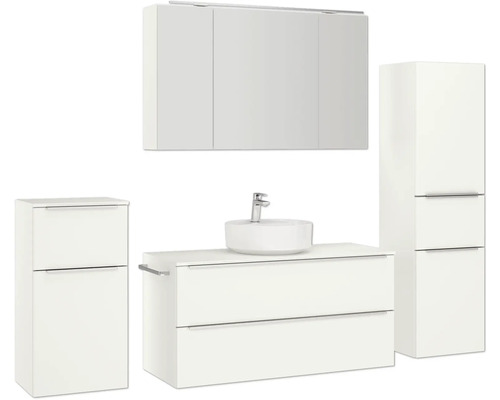 Badezimmer-Set mit Waschtisch, Waschbecken, Spiegelschrank und Hochschrank für eine moderne Badeinrichtung