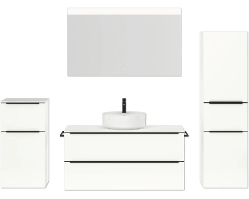 Badmöbel-Set NOBILIA Programm 3 BxHxT 230 x 169,1 x 48,7 cm Frontfarbe weiß hochglanz mit Aufsatz-Waschtisch weiß und Spiegel mit LED-Beleuchtung Midischrank Unterschrank Griffleiste schwarz 523 Badezimmer-Set mit Waschbecken, Unterschrank, Spiegelschrank und Hochschrank