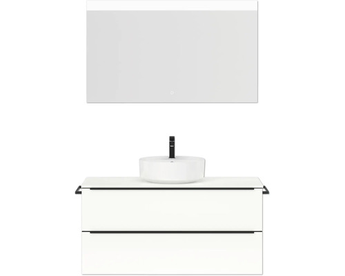 Badmöbel-Set NOBILIA Programm 3 BxHxT 121 x 169,1 x 48,7 cm Frontfarbe weiß hochglanz mit Aufsatz-Waschtisch weiß und Spiegel mit LED-Beleuchtung Griffleiste schwarz 499