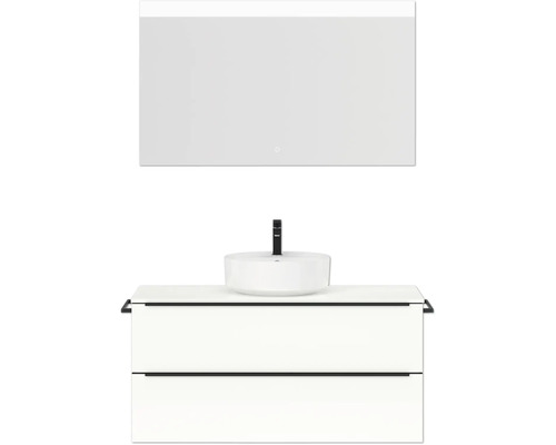 Badmöbel-Set NOBILIA Programm 3 BxHxT 121 x 169,1 x 48,7 cm Frontfarbe weiß hochglanz mit Aufsatz-Waschtisch weiß und Spiegel mit LED-Beleuchtung Griffleiste schwarz 499 Waschtischkombination mit Aufsatzwaschbecken und Spiegel