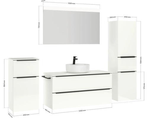 Badezimmer-Set mit Waschtisch, Aufsatzwaschbecken, Spiegel und Hochschränken mit Maßangaben