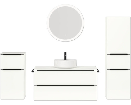 Badmöbel-Set NOBILIA Programm 3 BxHxT 230 x 169,1 x 48,7 cm Frontfarbe weiß hochglanz mit Aufsatz-Waschtisch weiß und Spiegel rund mit LED-Beleuchtung Midischrank Unterschrank Griffleiste schwarz 539 Badezimmerensemble mit Waschtisch, Aufsatzwaschbecken, Spiegelschrank und Hochschrank