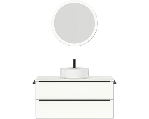 Badmöbel-Set NOBILIA Programm 3 BxHxT 121 x 169,1 x 48,7 cm Frontfarbe weiß hochglanz mit Aufsatz-Waschtisch weiß und Spiegel rund mit LED-Beleuchtung Griffleiste schwarz 515