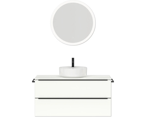Badmöbel-Set NOBILIA Programm 3 BxHxT 121 x 169,1 x 48,7 cm Frontfarbe weiß hochglanz mit Aufsatz-Waschtisch weiß und Spiegel rund mit LED-Beleuchtung Griffleiste schwarz 515 Waschtisch mit Aufsatzwaschbecken, Armatur und rundem Spiegel für das Badezimmer