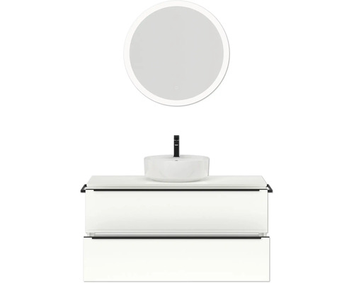 Badezimmerensemble mit rundem Spiegel, Aufsatzwaschbecken und Waschtischunterschrank
