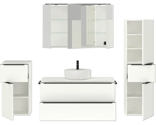 Modernes Badezimmer-Set mit Waschtisch, Spiegelschrank und Seitenschränken für ein stilvolles Ambiente