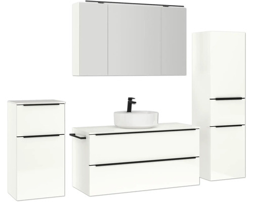 Badezimmerensemble mit Waschtisch, Aufsatzwaschbecken, Spiegelschrank und Hochschrank für eine moderne Badgestaltung.
