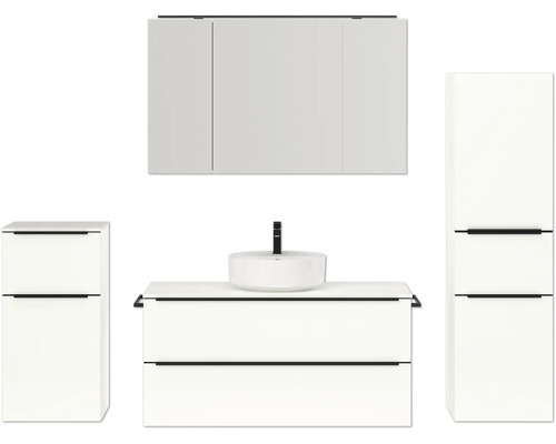Badmöbel-Set NOBILIA Programm 3 BxHxT 230 x 169,1 x 48,7 cm Frontfarbe weiß hochglanz mit Aufsatz-Waschtisch und Spiegelschrank 3-türig mit LED-Beleuchtung Unterschrank Midischrank Griffleiste schwarz 531 Modernes Badezimmer-Set mit Waschtisch, Waschbecken, Spiegelschrank und Hochschrank
