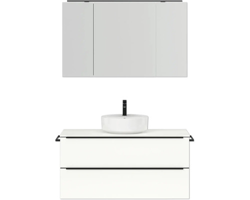 Badmöbel-Set NOBILIA Programm 3 BxHxT 121 x 169,1 x 48,7 cm Frontfarbe weiß hochglanz mit Aufsatz-Waschtisch und Spiegelschrank 3-türig mit LED-Beleuchtung Griffleiste schwarz 507