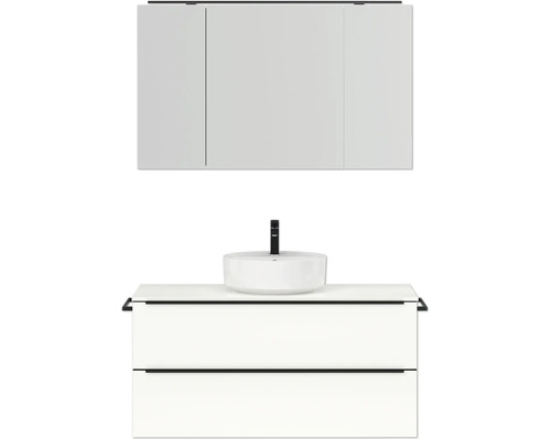 Badmöbel-Set NOBILIA Programm 3 BxHxT 121 x 169,1 x 48,7 cm Frontfarbe weiß hochglanz mit Aufsatz-Waschtisch und Spiegelschrank 3-türig mit LED-Beleuchtung Griffleiste schwarz 507 Waschtisch mit Aufsatzwaschbecken, Unterschrank und Spiegelschrank für das Badezimmer