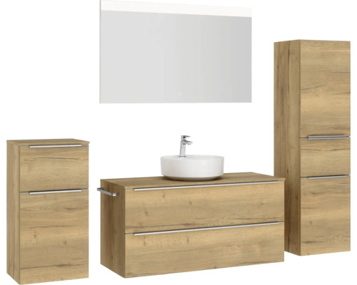 Komplette Badezimmereinrichtung mit Waschtischunterschrank, Aufsatzwaschbecken, Spiegelschrank und Hochschrank in Holzoptik