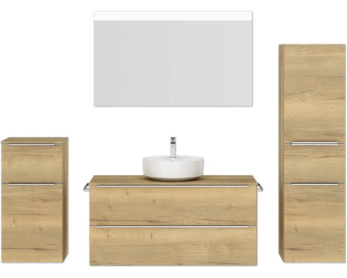 Badmöbel-Set NOBILIA Programm 3 BxHxT 230 x 169,1 x 48,7 cm Frontfarbe eiche natur mit Aufsatz-Waschtisch weiß und Spiegel mit LED-Beleuchtung Midischrank Unterschrank Griffleiste chrom matt 526 Badezimmer-Set mit Waschtisch, Aufsatzwaschbecken, Spiegelschrank und Hochschränken in Holzoptik