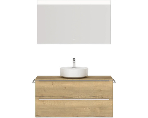 Badmöbel-Set NOBILIA Programm 3 BxHxT 121 x 169,1 x 48,7 cm Frontfarbe eiche natur mit Aufsatz-Waschtisch weiß und Spiegel mit LED-Beleuchtung Griffleiste chrom matt 502 Waschtischkombination mit Aufsatzwaschbecken, Unterschrank und Spiegel