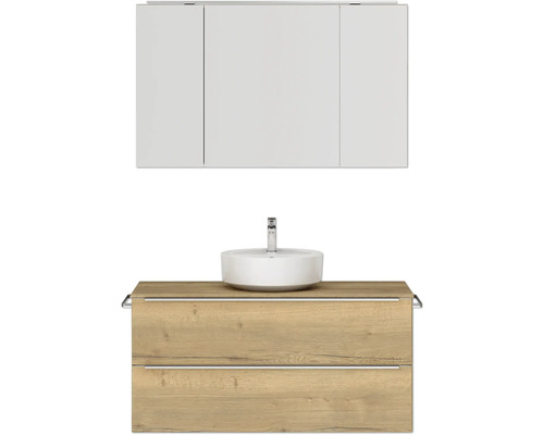 Badmöbel-Set NOBILIA Programm 3 BxHxT 121 x 169,1 x 48,7 cm Frontfarbe eiche natur mit Aufsatz-Waschtisch und Spiegelschrank 3-türig mit LED-Beleuchtung Griffleiste chrom matt 510 Waschtischkombination mit Aufsatzwaschbecken, Unterschrank und Spiegelschrank