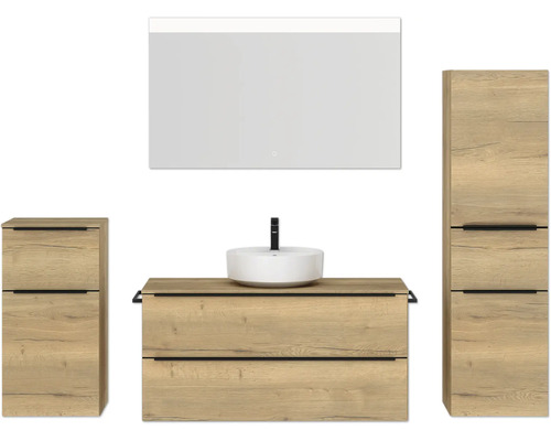 Badmöbel-Set NOBILIA Programm 3 BxHxT 230 x 169,1 x 48,7 cm Frontfarbe eiche natur mit Aufsatz-Waschtisch weiß und Spiegel mit LED-Beleuchtung Midischrank Unterschrank Griffleiste schwarz 527 Badezimmer-Set mit Waschtisch, Aufsatzwaschbecken, Spiegelschrank und zwei Hochschränken in Holzoptik