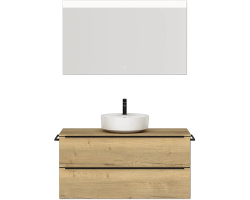 Badmöbel-Set NOBILIA Programm 3 BxHxT 121 x 169,1 x 48,7 cm Frontfarbe eiche natur mit Aufsatz-Waschtisch weiß und Spiegel mit LED-Beleuchtung Griffleiste schwarz 503