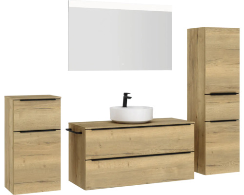 Badezimmerset mit Waschtisch, Waschbecken, Spiegelschrank und Hochschrank in Holzoptik