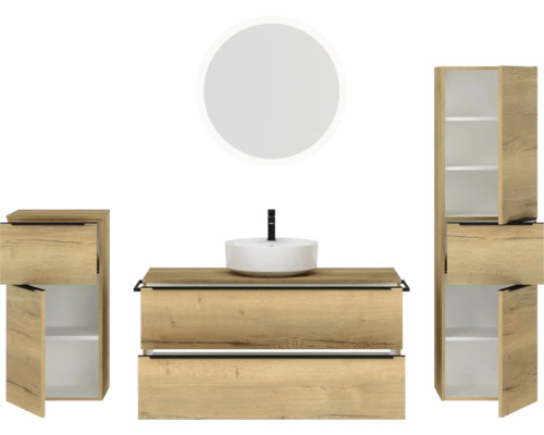 Badezimmer-Set mit Waschbecken, Unterschrank, Seitenschrank und Spiegel