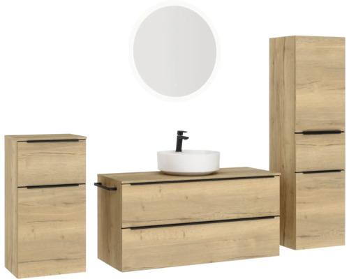 Badezimmer-Set mit Waschtisch, Waschbecken, Armatur, Spiegelschrank und Hochschrank im Holzdesign