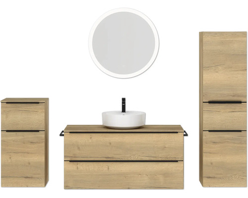 Badmöbel-Set NOBILIA Programm 3 BxHxT 230 x 169,1 x 48,7 cm Frontfarbe eiche natur mit Aufsatz-Waschtisch weiß und Spiegel rund mit LED-Beleuchtung Midischrank Unterschrank Griffleiste schwarz 543 Badezimmerensemble mit Waschtisch, Spiegel und Hochschränken
